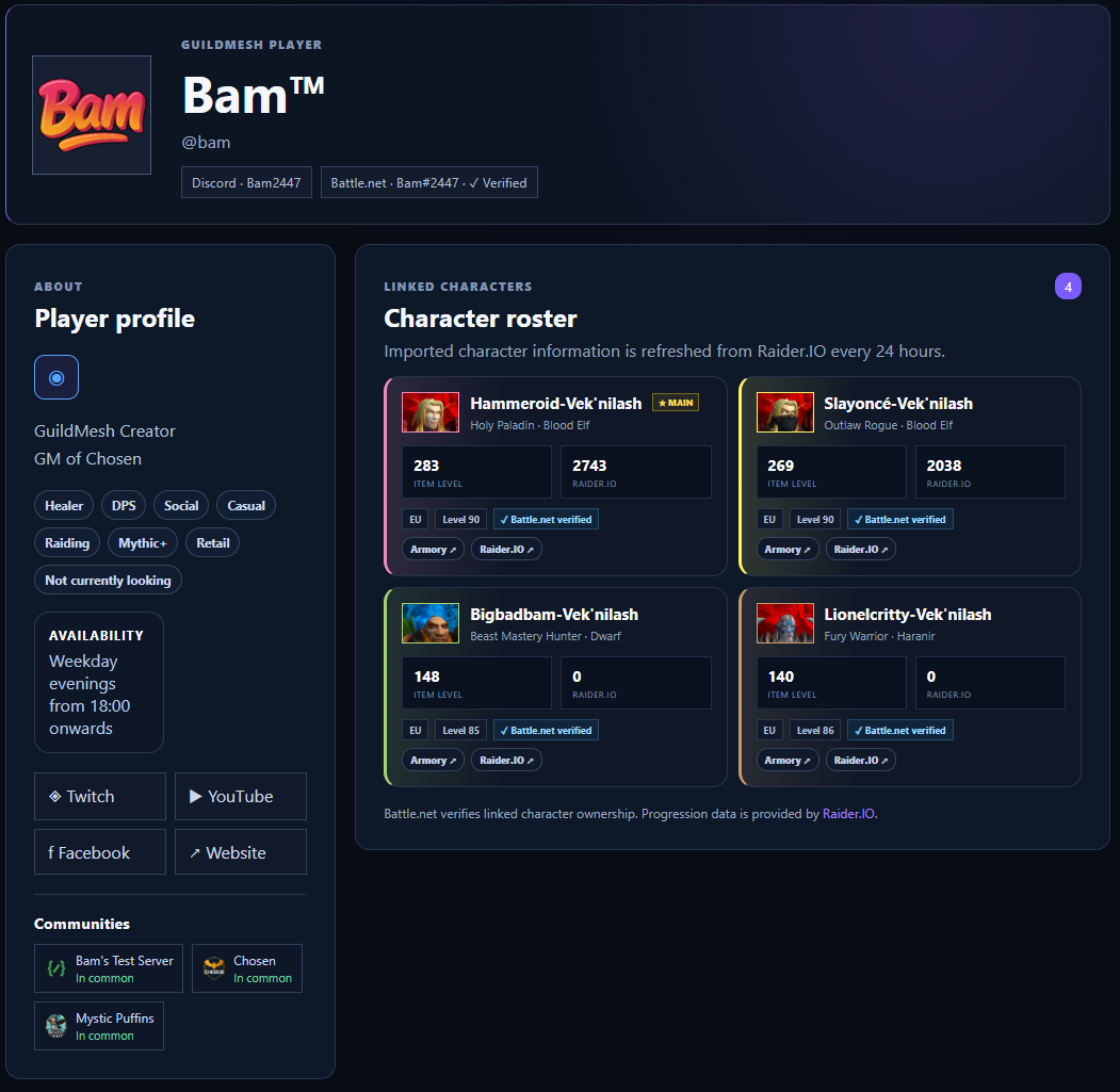 GuildMesh player profile with verified World of Warcraft characters
