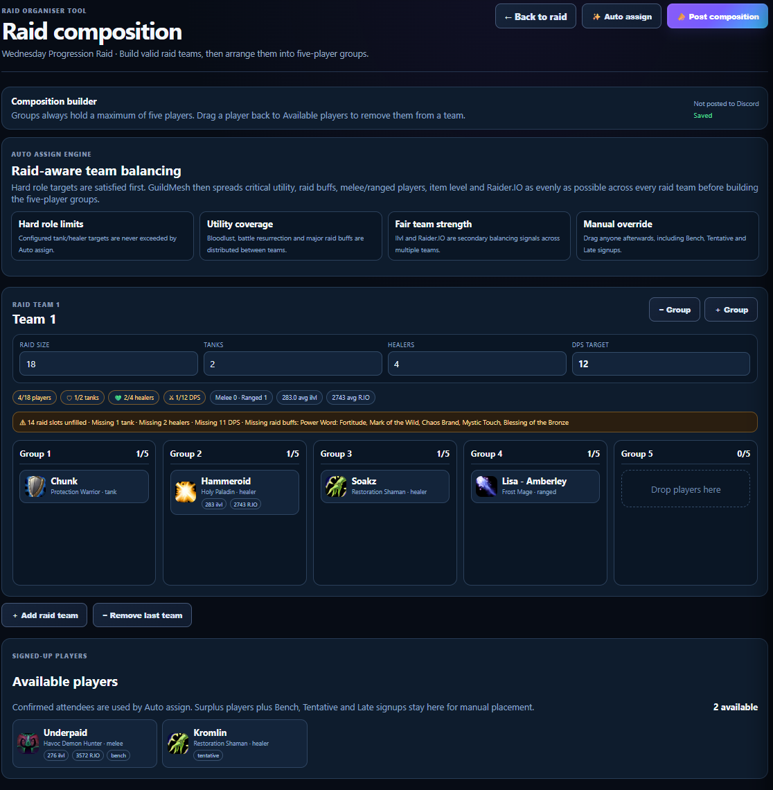 GuildMesh Raid Composition Tool with raid teams, role targets, utility warnings and Auto assign.