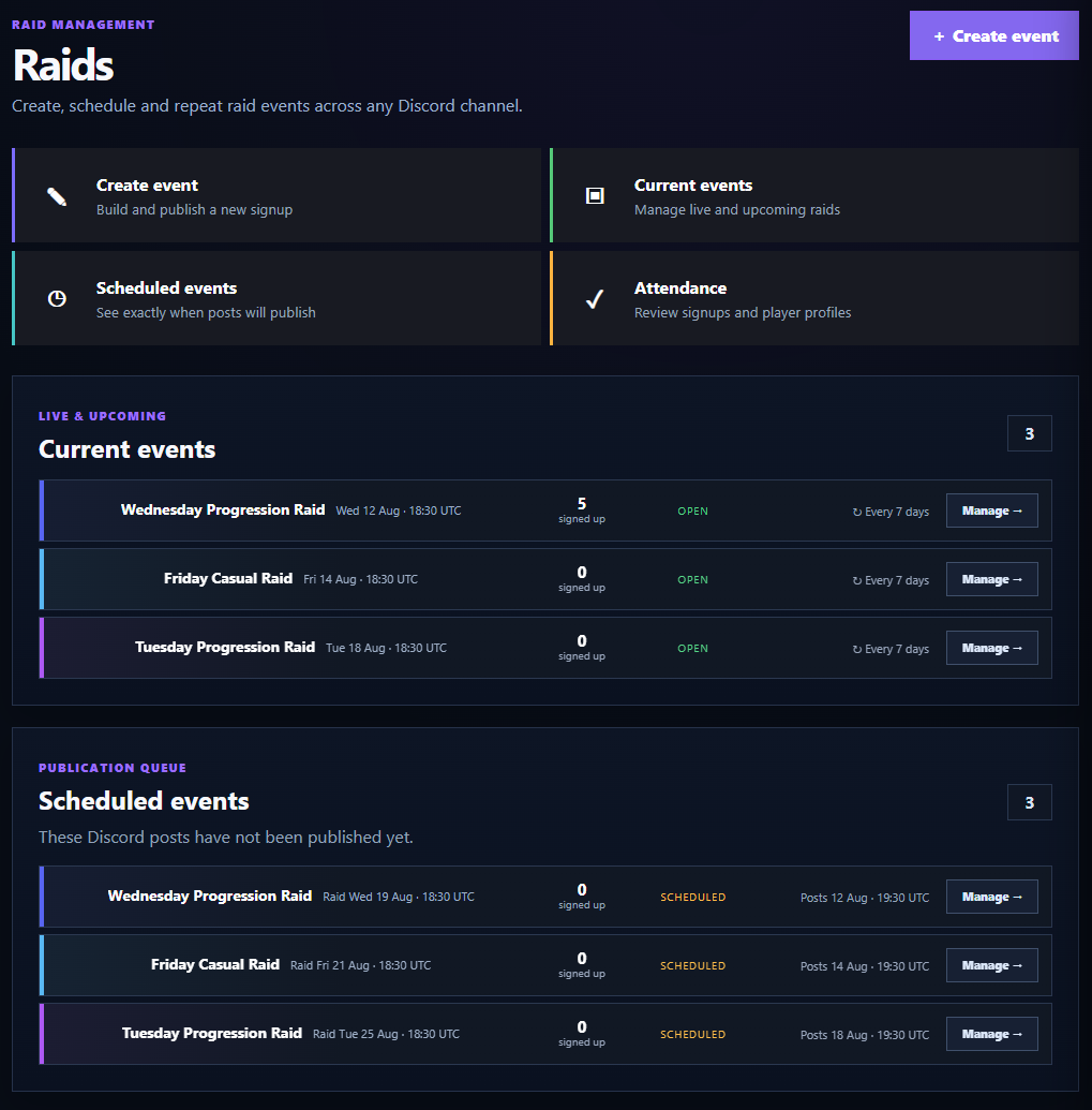 The Raids dashboard shows live, upcoming and scheduled raid activity.